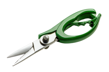 Green handled embroidery scissors isolated on transparent background. Green garden secateur isolated on white background.