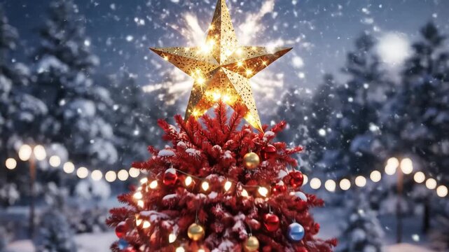 Decorated Christmas Tree in Winter Scene - A red Christmas tree is adorned with ornaments and lights, topped with a bright gold star.