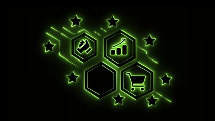 Neon Green Hexagon Icons with Stars and Circuit Lines on Black Background business finance