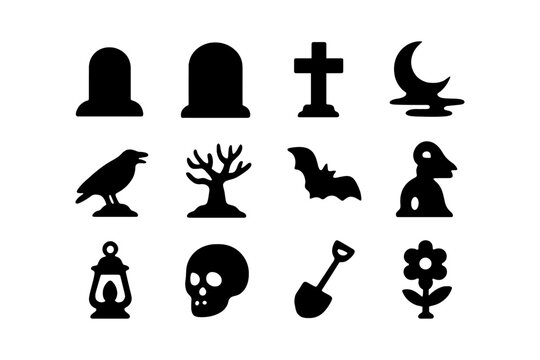 Halloween silhouette icons: spooky graveyard and night creatures