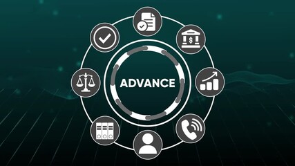 Business growth strategy concept with icons representing finance legal compliance communication and data analysis presented in a circular flow diagram with the word advance at