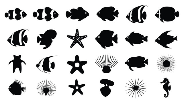 Charming collection of stylized marine life silhouettes including diverse fish, starfish, and a seahorse, perfect for playful aquatic designs.