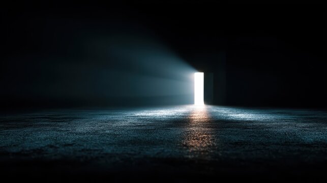 Bright light shines through an open door in a dark room offering opportunity and a new future