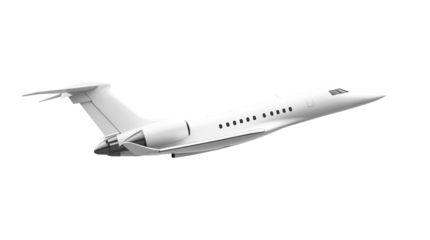 White private jet airplane side view angle isolated on a transparent background. Modern private jet airplane.