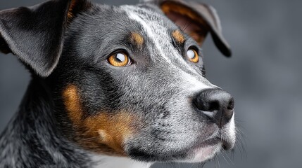 Close-up Portrait of a Beautiful Dog with Amber Eyes on Gray Background