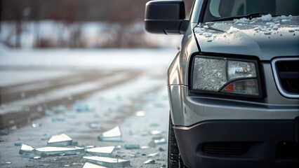 A close-up of a vehicle in winter, surrounded by shattered glass on a snowy road, highlighting a scene of potential vandalism or accident.