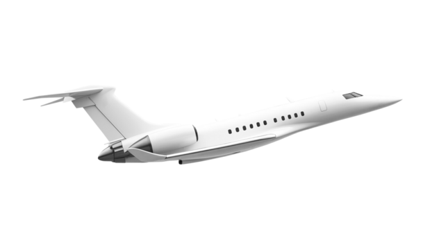 White private jet airplane side view angle isolated on a transparent background. Modern private jet airplane.