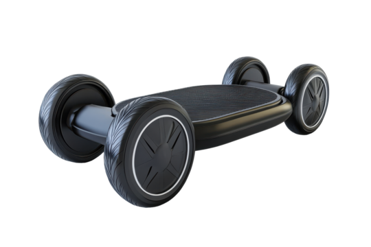 Modern black hoverboard with orange light isolated on transparent background. Wheel self balancing electric skateboard with matt black color isolated on white background, 3d rendering.