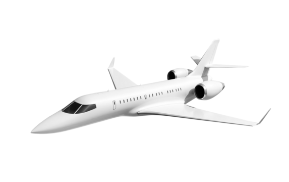 White private jet airplane top view high angle isolated on a transparent background. Modern private jet airplane.