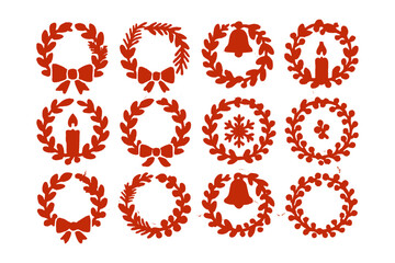 Festive red christmas wreath silhouettes with bells, candles, and snowflakes