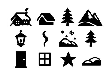 Fototapeta premium Winter icons collection featuring silhouette designs of trees, mountains, and cozy cabins