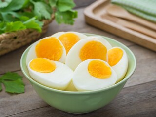 Bowl of Boiled Eggs on Wooden Table