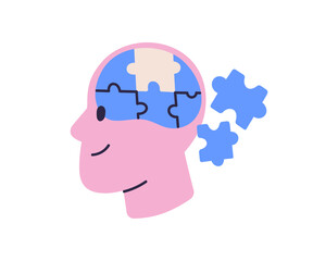 Puzzle in brain. Mind, mental health and psychology concept. Memory loss, cognition disorder, alzheimer and dementia. Jigsaw pieces in head. Flat vector illustration isolated on white background