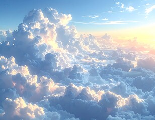 Aerial view of fluffy, illuminated clouds at dawn