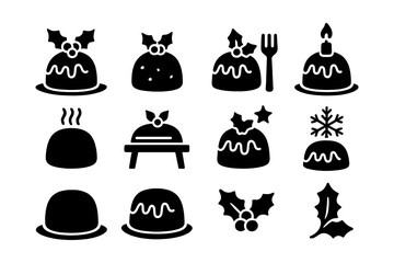 Festive dessert silhouette icons collection with pudding and holiday decorations