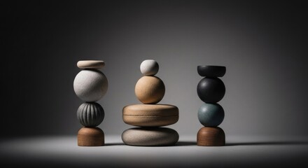 Three abstract wood structures with stacked shapes against a moody gray background