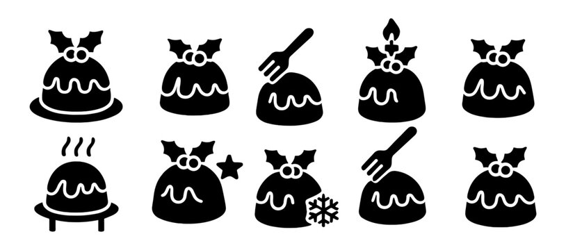 Festive christmas pudding silhouettes: holiday icons with holly and decorations