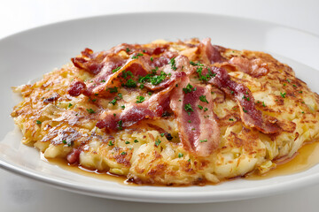 Delicious Trinxat Dish with Bacon and Fresh Parsley on Clean White Plate for Food Presentation