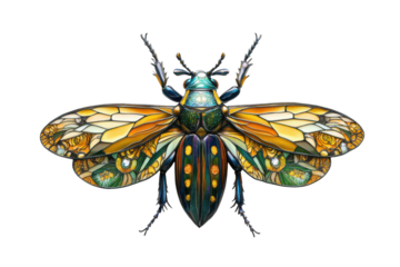 Detailed macro photograph of a colorful beetle isolated on transparent background. Jewel beetle isolated on white background.