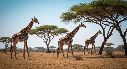 Three giraffes stride across the African savanna, beneath scattered acacia trees, bright blue sky