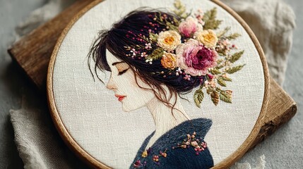 Elegant Woman Embroidery Art with Floral Crown in Hoop, Handmade Craft