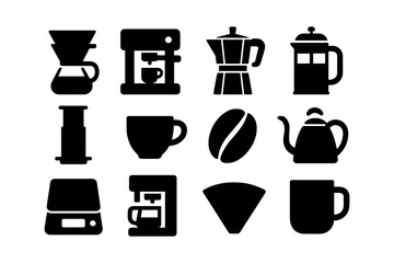 Silhouette coffee icons set: brewing methods and equipment collection
