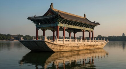 Fototapeta premium Traditional Chinese boat-like structure floats serenely on water, reflections visible