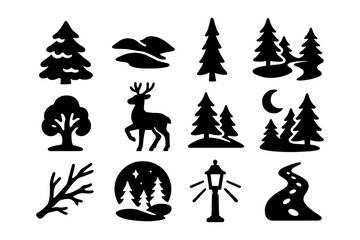 Silhouette nature elements collection: trees, deer, river, lamp