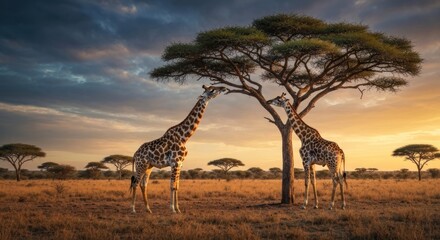 Two giraffes reach for acacia tree leaves on the African savanna at sunset