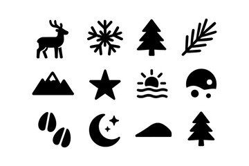 Nature and seasonal icons in bold silhouette design on white background