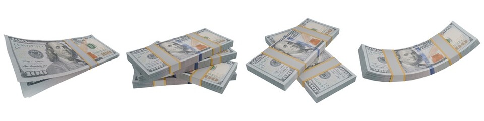 Set stacks of hundred dollar bills representing wealth, business profit, and financial success. transparent background 3d illustration