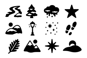 Nature and weather silhouette icons: clouds, stars, trees, mountains, and more