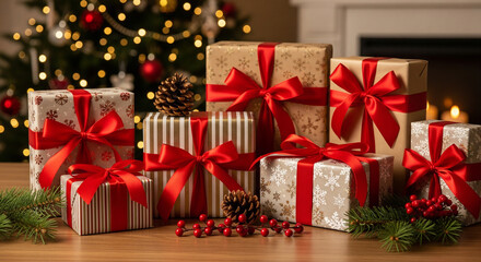 Christmas Gifts Under Tree Festive Holiday Season Presents Decorations Red Bows Pine Cones