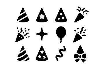 Minimalist party icons featuring hats, balloons, and streamers in black silhouette style