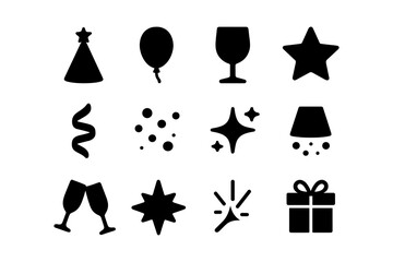 Celebration icons: party hat, balloon, wine glass, star, streamer, confetti, sparkle, gift