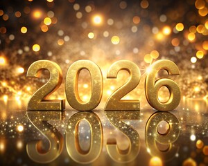 Illustration of golden 2026 numbers with bokeh lights and reflections, celebrating new year