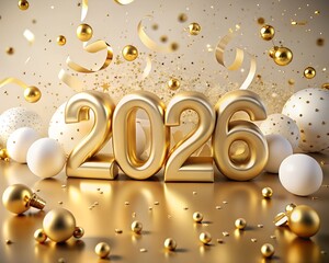 Illustration of shiny golden 2026 numbers with confetti and balloons, festive new year celebration