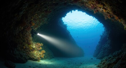 Underwater cave entrance with diver's light illuminating a submerged passage