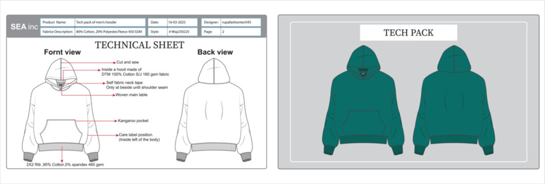 Men&rsquo;s Hoodie Technical Flat Sketch  Fashion Tech Pack Template.