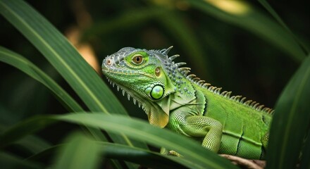 Naklejka premium Vivid close-up of a vibrant green reptile with a spiky dorsal crest, nestled amidst green foliage
