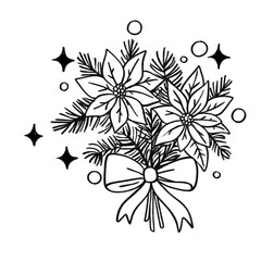 Poinsettia bouquet with pine branches and bow outline illustration, elegant holiday floral decor in black and white cartoon style
