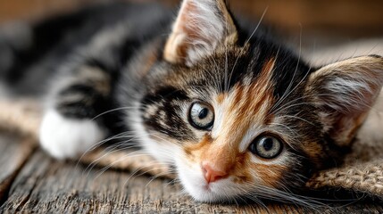 Adorable Calico Kitten Resting on Rustic Wooden Surface Close Up