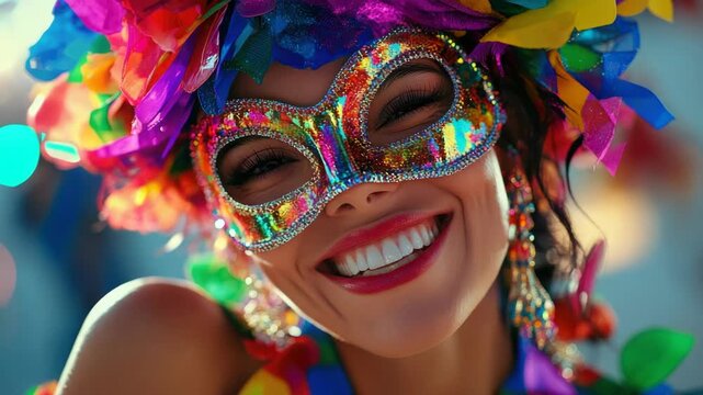 Carnival masked woman smiling at the camera, dressed in vibrant colorful costume with glittering mask and accessories.