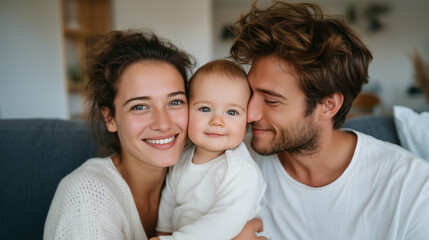Loving parents playing with their toddler son on the couch, cheerful family bonding moment, modern apartment interior, minimalistic decor, happiness and togetherness, soft daylight