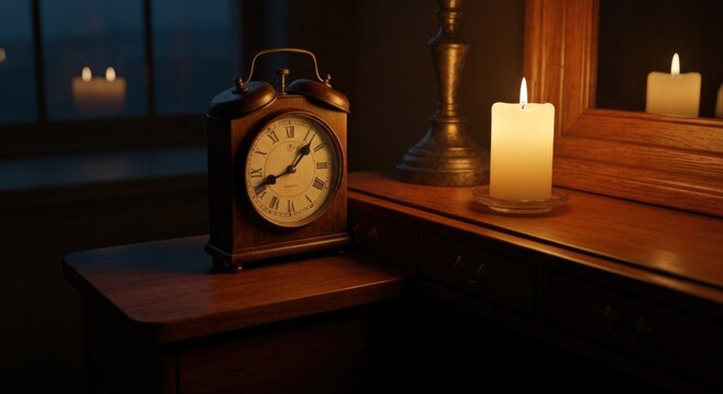 Wooden clock, lit candles, and lamp on a table in a dim room, soft lighting