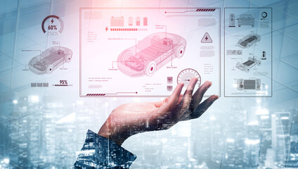 Technical layout of electric vehicle showing battery system, power control, traction motor,...