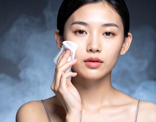 A young woman cleanses her face with a wipe, soft lighting