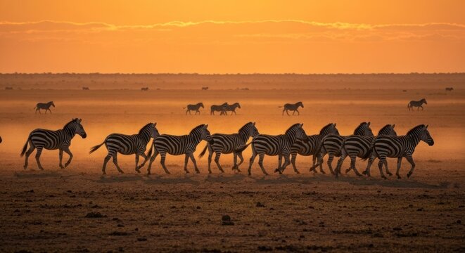 Zebras gallop across a dusty plain at sunset, bathed in warm, golden light
