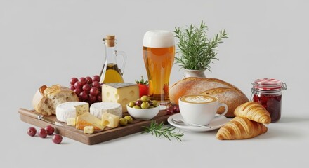 Delicious breakfast assortment with cheese, bread, croissant, coffee, beer isolated on white background
