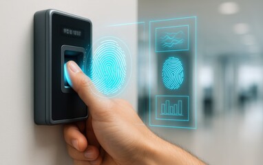 Biometric Access: A close-up shot of a finger activating a biometric scanner, the scene illuminated with digital data representations, highlighting the intersection of security and modern technology.